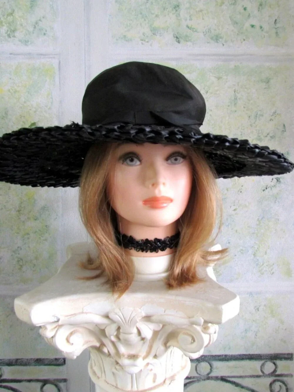 1920s MR. JOHN BLACK HAT, WIDE STRAW w COLLAPSIBLE CROWN, HARRE TATOU LABEL